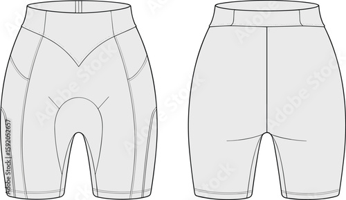 Women’s Padded Cycling Shorts Flat Sketch, High Waist Bike Shorts Design, Technical Activewear Template, Vector Fashion Illustration, Sport Apparel Mockup