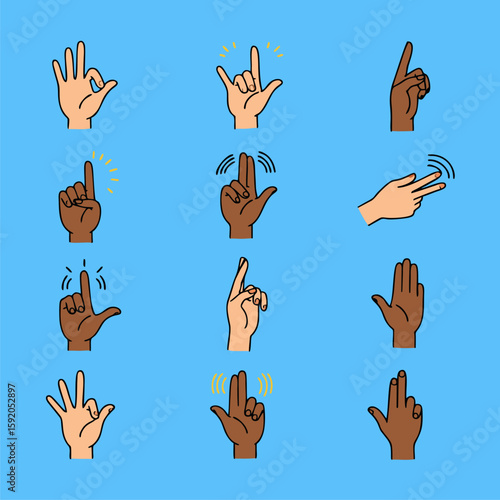 Diverse Gestures: A vibrant and inclusive illustration showcasing a series of hands, each executing unique gestures, celebrating diversity and nonverbal communication.