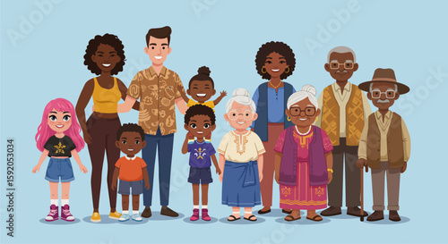 Diverse Family Portrait: A vibrant illustration showcases a multigenerational family, representing unity and love in a warm, inviting tableau. 