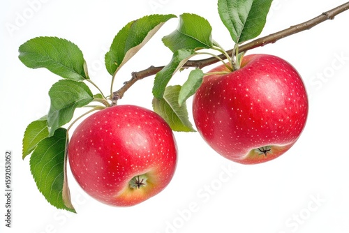 Two ripe red apples on a branch with leaves (1)