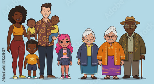 A Portrait of family members: A diverse family portrait in animated illustration. Expressing bond and togetherness. Celebrating the richness of family love and familial connection.