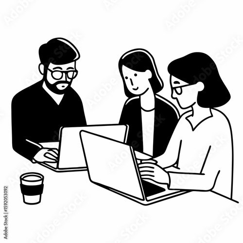 Line art of people from different professions collaborating in a shared coworking space, laptops and coffee on desk, clean outline illustration