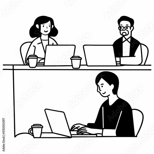 Line art of people from different professions collaborating in a shared coworking space, laptops and coffee on desk, clean outline illustration