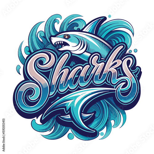 the phrase “Sharks” in a large, flowing white cursive font