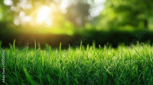 This image showcases a close-up view of fresh green grass illuminated by soft sunlight, creating a tranquil and serene atmosphere in a natural setting.