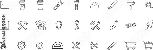 Construction & Tools Vector Icon Set. Hammer, wrench, drill, safety helmet, gloves, toolbox, measuring tape, saw, ruler, paint roller, ladder, protective gear, scraper, and more
