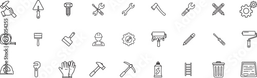 Construction & Tools Vector Icon Set. Hammer, wrench, drill, safety helmet, gloves, toolbox, measuring tape, saw, ruler, paint roller, ladder, protective gear, scraper, and more