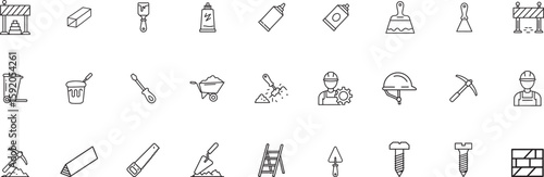 Construction & Tools Vector Icon Set. Hammer, wrench, drill, safety helmet, gloves, toolbox, measuring tape, saw, ruler, paint roller, ladder, protective gear, scraper, and more