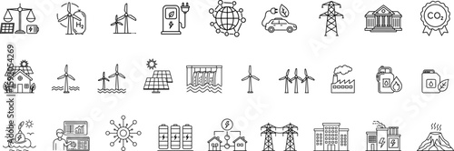 Renewable Energy & Sustainable Power Vector Icon Set. Solar panel, wind turbine, hydro, geothermal, electric car, battery, CO2 reduction, grid, smart energy, hydrogen, biofuel, power plant and more