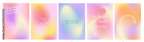 Poster set with motivate and inspirational phrase. Gradient blurred background with massage Patel pink mesh. Vintage y2k pastel color banner collection for social media post.