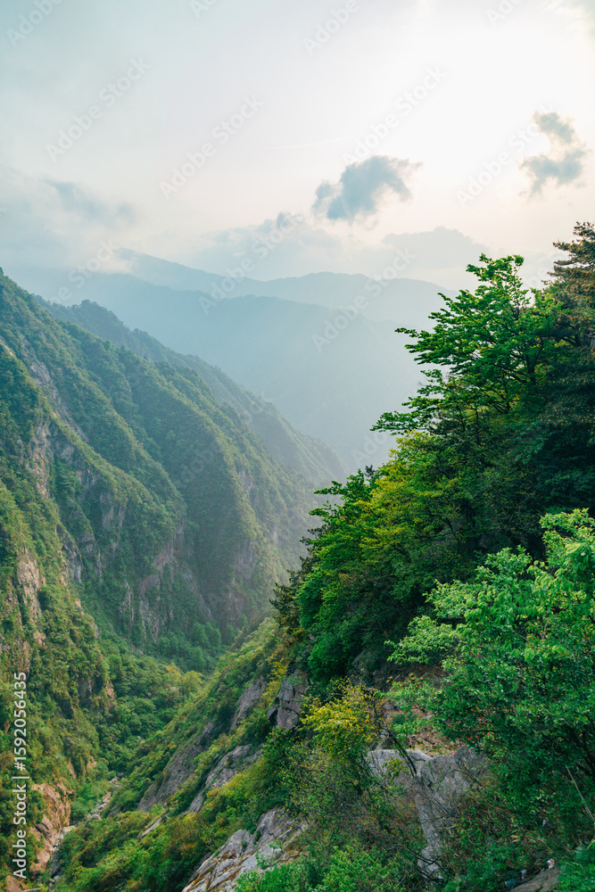 Fototapeta premium Dramatic Sunset Cliffs Overlooking Mount Wutai Canyon at Golden Hour