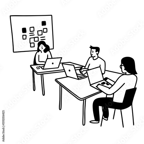 Line art of young entrepreneurs working on ideas in a startup incubator environment, whiteboard brainstorming and laptops visible, outline drawing