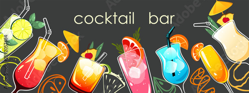 Background with alcoholic cocktails in a bar. Banner with tropical cocktails mojito, paloma, mimosa, pina colada. Vector illustration.