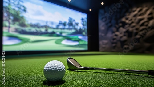 Golf simulator room, golf ball, club