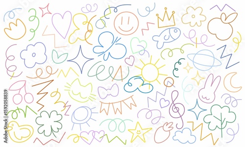 Wallpaper Mural Hand-drawn doodle pattern with colorful cartoon elements on white background. Fun and playful illustration for kids’ designs, packaging, textiles, wallpapers, and creative backgrounds. Torontodigital.ca