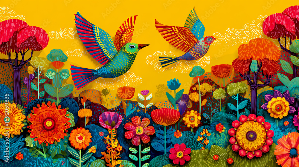 Obraz premium Colorful vector illustration of birds flying in the sky