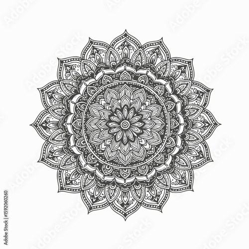 Traditional Indian mandala with bold black patterns detailed line art on white background