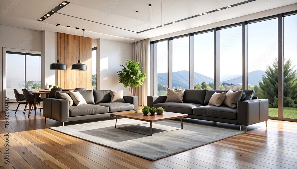 Fototapeta premium Modern living room with large windows overlooking mountains