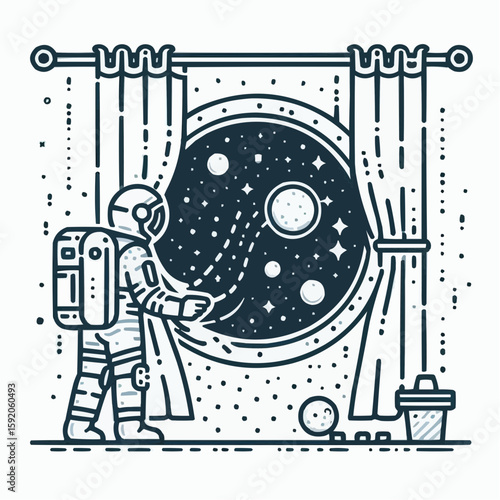 Astronaut gazing out of a window at space, admiring planets and stars through curtains