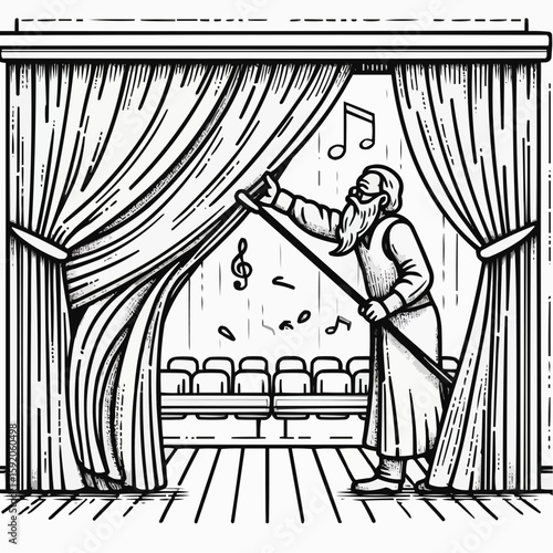 An elderly man opens the curtain on the stage with musical notes, preparing for a performance