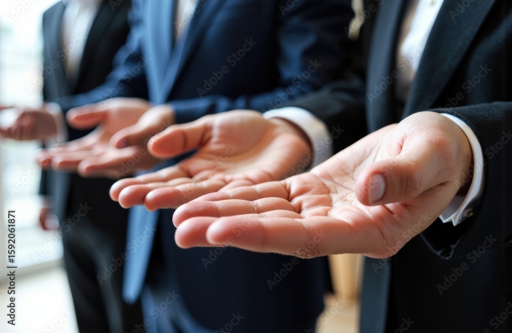 Obraz premium Businesspeople in formal suits extending their hands for a handshake or greeting