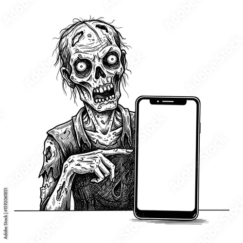 Black and white sketch of a zombie with a phone. Phone mockup with blank screen in zombie hands, vector illustration, fresh Halloween design 2025