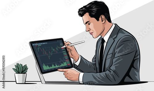 Illustration of a man in a suit analyzing global market data on a tablet with a stylus and a plant