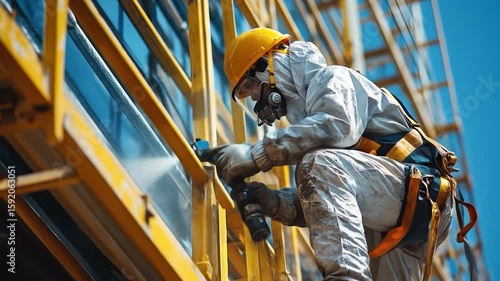 Worker repairing building facade.