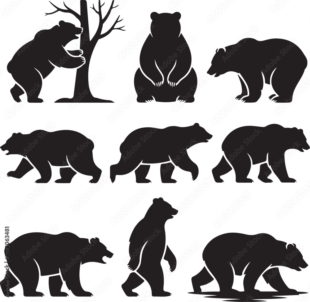 Naklejka premium Powerful Grizzly Bear SilhouetteGentle Brown Bear IllustrationMajestic Wild Bear VectorMinimalist Polar Bear DesignFierce Black Bear Outline
