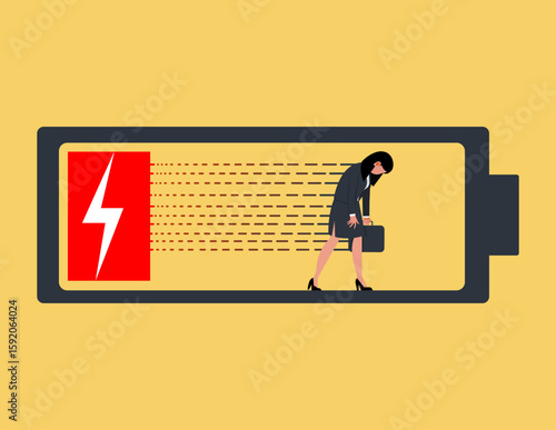 Exhaustion  with low battery. Fatigued businesswoman feeling burnout and energy depletion in the workplace