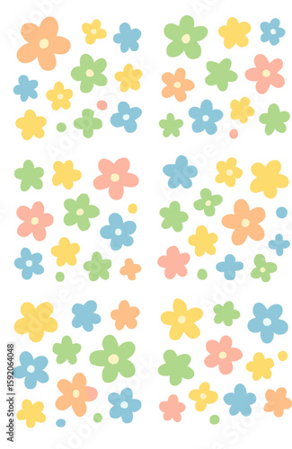 Pastel-Colored Simple Flower Pattern: A Collection of Charming Hand-Drawn Five-Petaled Flowers in Soft Hues.