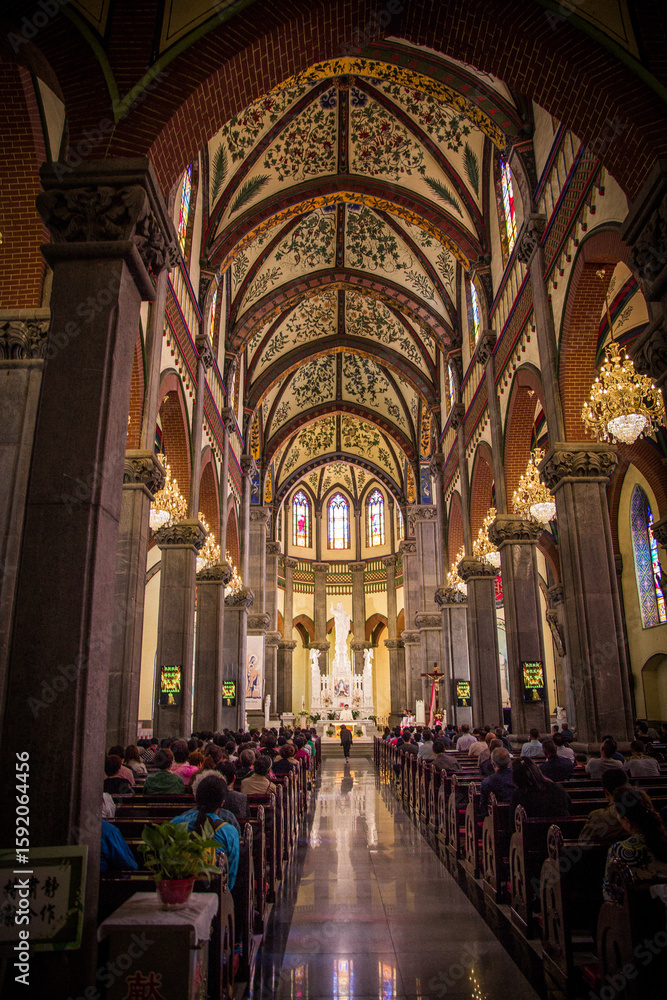 Fototapeta premium Bright Spacious Interior Of Hongjialou Church In Jinan With Architectural Details