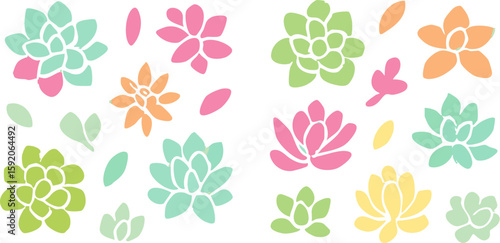 Colorful Hand-Drawn Succulent and Leaf Illustrations in Various Pastel Colors.
