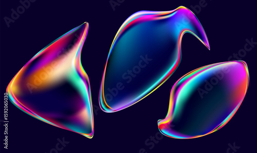 Set of iridescent fluid shapes and bubbles. Collection of colorful vector design elements.