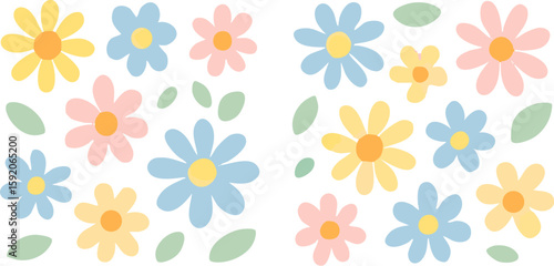 Pastel Daisy Flower Pattern: Delicate stylized daisies in soft blue pink and yellow hues featuring simple rounded petals and bright centers.