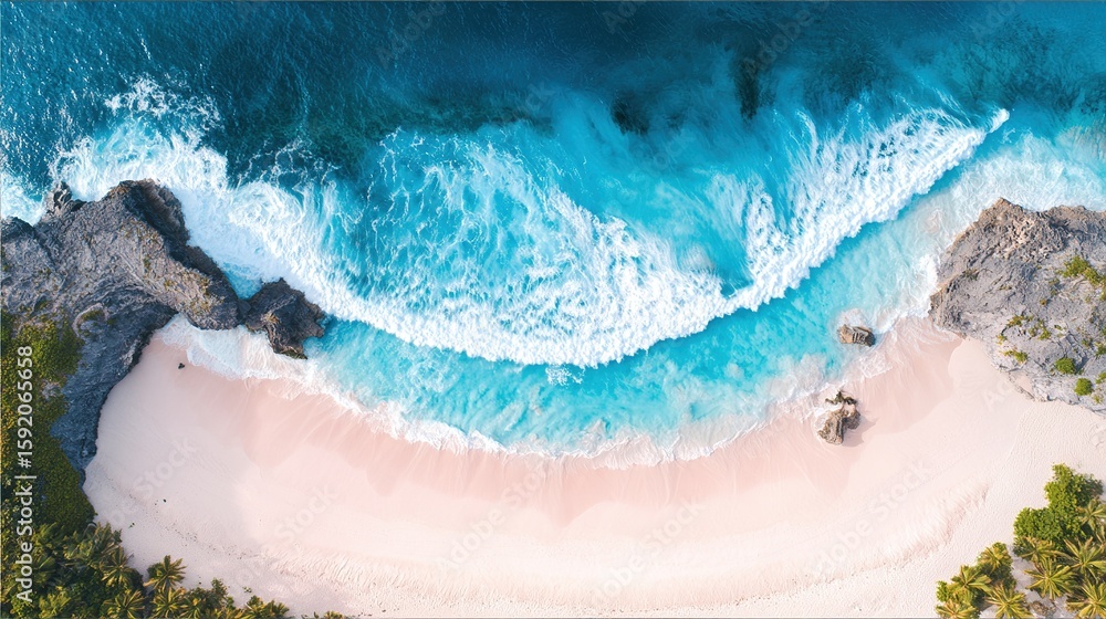 Fototapeta premium Turquoise Ocean Waves Crashing on White Sand Beach, Vibrant Coastal Scene for Travel Marketing & Nature Wallpaper