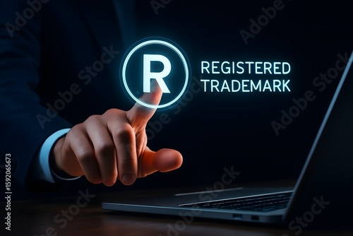 Businessman s finger points to glowing registered trademark symbol on digital screen