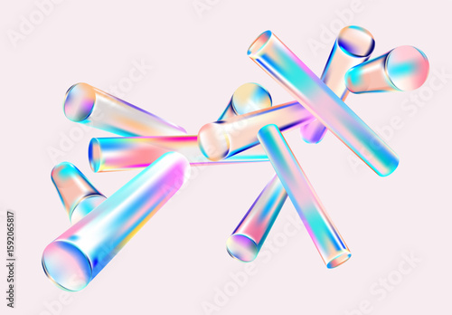 3D glass cylinders.  Abstract composition of iridescent geometric shapes.