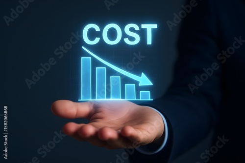 Businessman holding a holographic graph showing decreasing costs