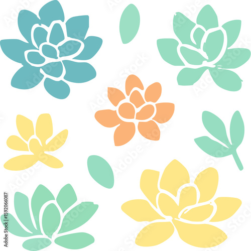 A colorful set of stylized succulent illustrations with a hand-drawn block print texture in soft pastel colors.