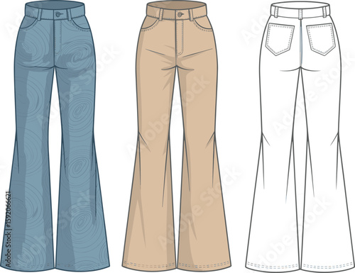 Flared pants CAD drawing, flat vector illustration, three color variations, fashion sketch template, stylish garment design, front and back view