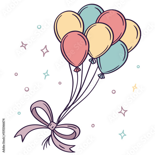 Illustration of a bunch of colorful balloons tied together with a pink ribbon bow on a white background