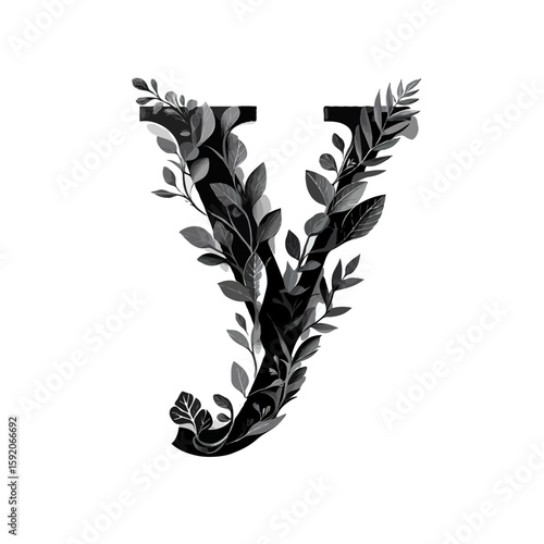 Vector art of monochrome letter y decorated with leaves on a white background