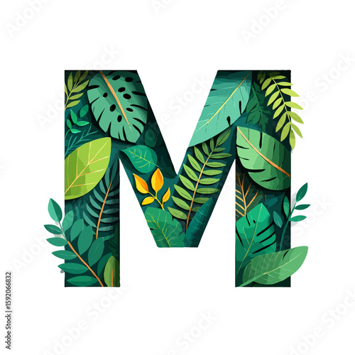 Vector art of letter m is decorated with vibrant green tropical leaves isolated on white background