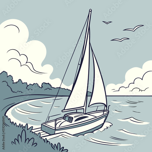 Illustration of a sailboat on the water with sails up and birds flying in the sky with clouds behind it