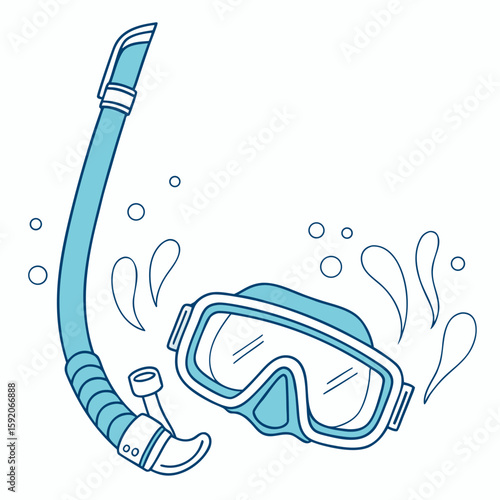 Illustration of a blue and white snorkeling mask and snorkel surrounded by bubbles on a white background