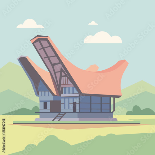 A minimalist vector illustration of a traditional Indonesian Tongkonan house, featuring its iconic boat-shaped roof, standing proudly in a peaceful rural landscape.