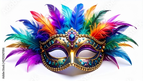 Colorful carnival mask adorned with vibrant feathers and jewels. Notting Hill Carnival