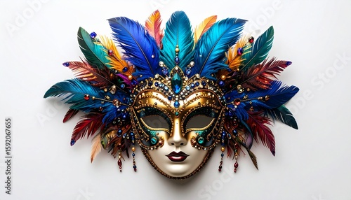 Ornate Venetian carnival mask adorned with colorful feathers and jewels. Notting Hill Carnival