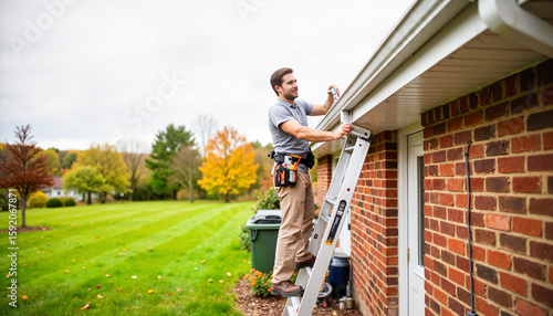 Man cleaning gutters in early fall, home maintenance concept
